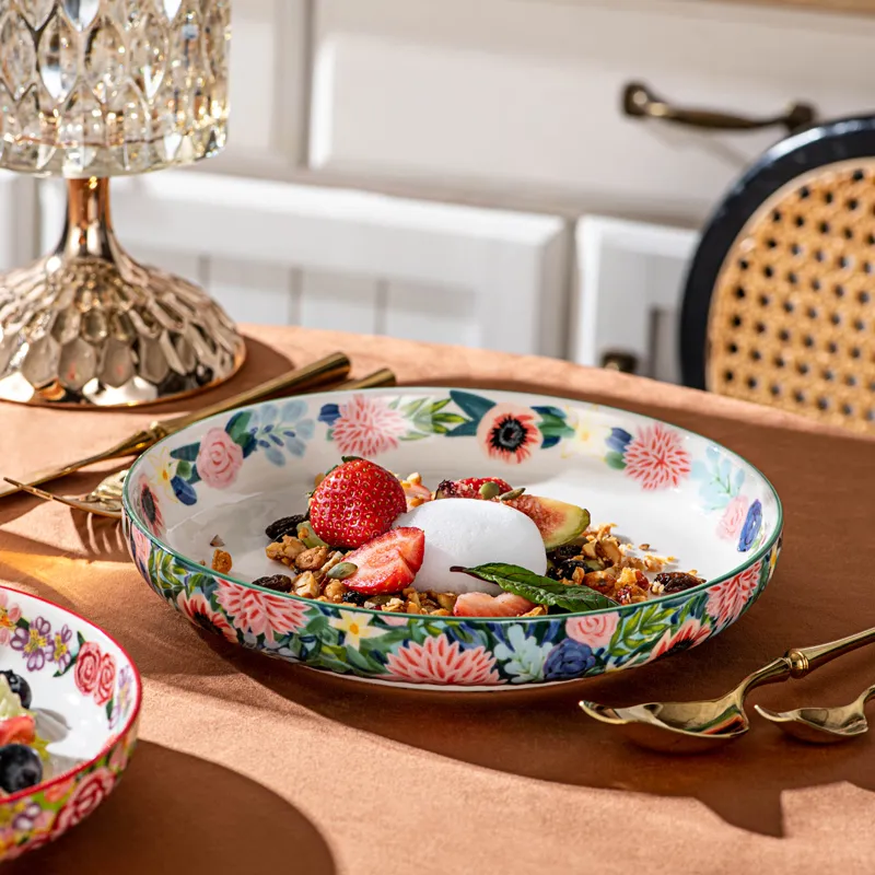 custom green decal porcelain salad bowl in bulk