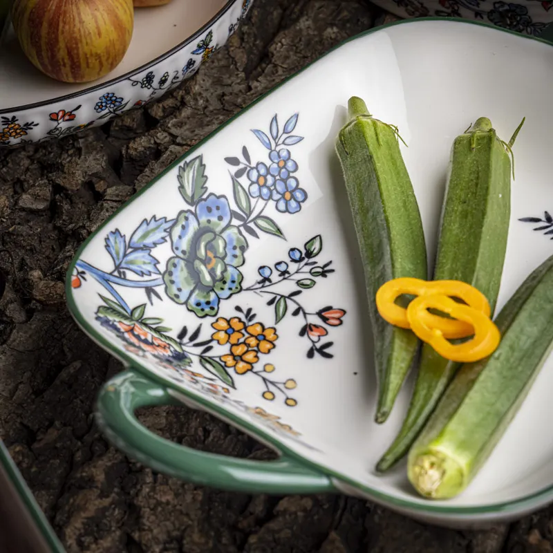 Bulk Ceramic Plates Printing Flower Pattern Decal Dinner Plate Set with Double Ear Handle - Image 5