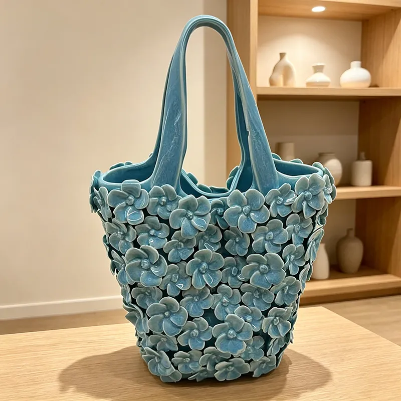 wholesale blue flower handmade ceramic handbag decoration flower vase in bulk