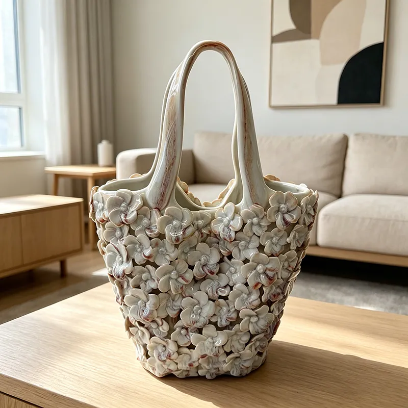 wholesale ceramic white handmade flower handbag home decoration