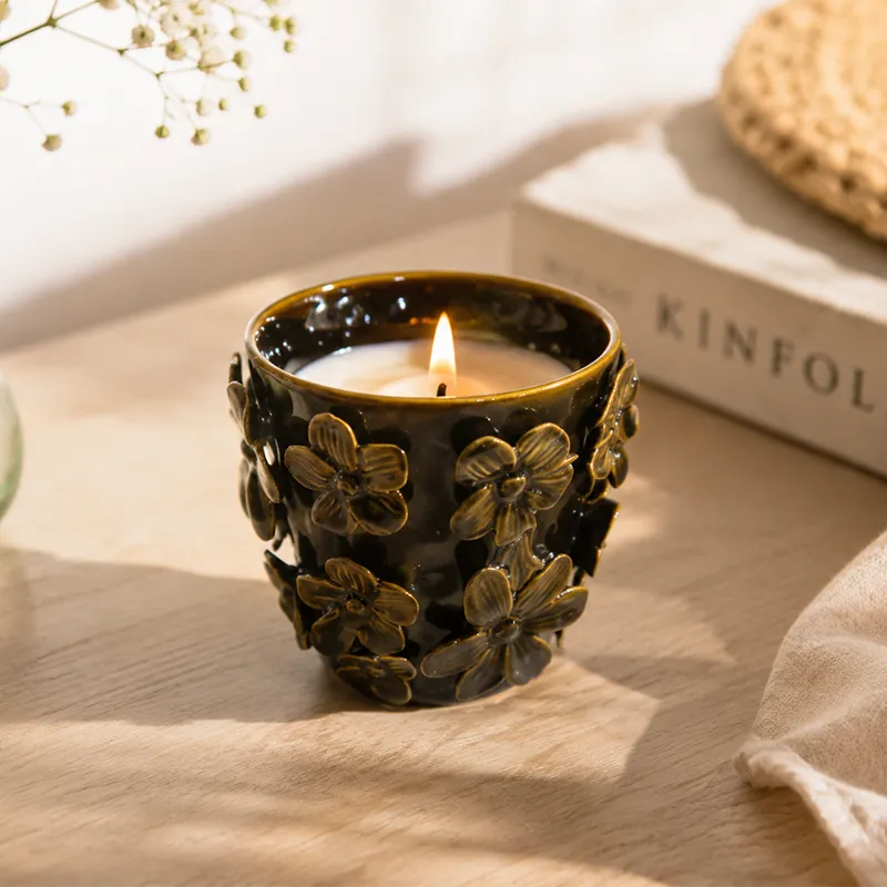 Wholesale finestoneware ceramic candle cup with brown color glaze
