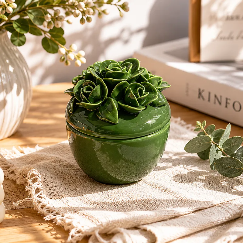 Wholesale finestoneware handmade ceramic candle cup with green color glaze