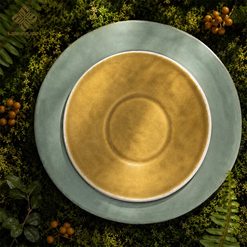 Custom Dinnerware Plate Sets, Matte Ceramic Plates Round & Oval with Green and Yellow in Bulk - Image 3