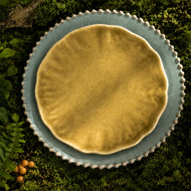 Custom Dinnerware Plate Sets, Matte Ceramic Plates Round & Oval with Green and Yellow in Bulk - Image 2