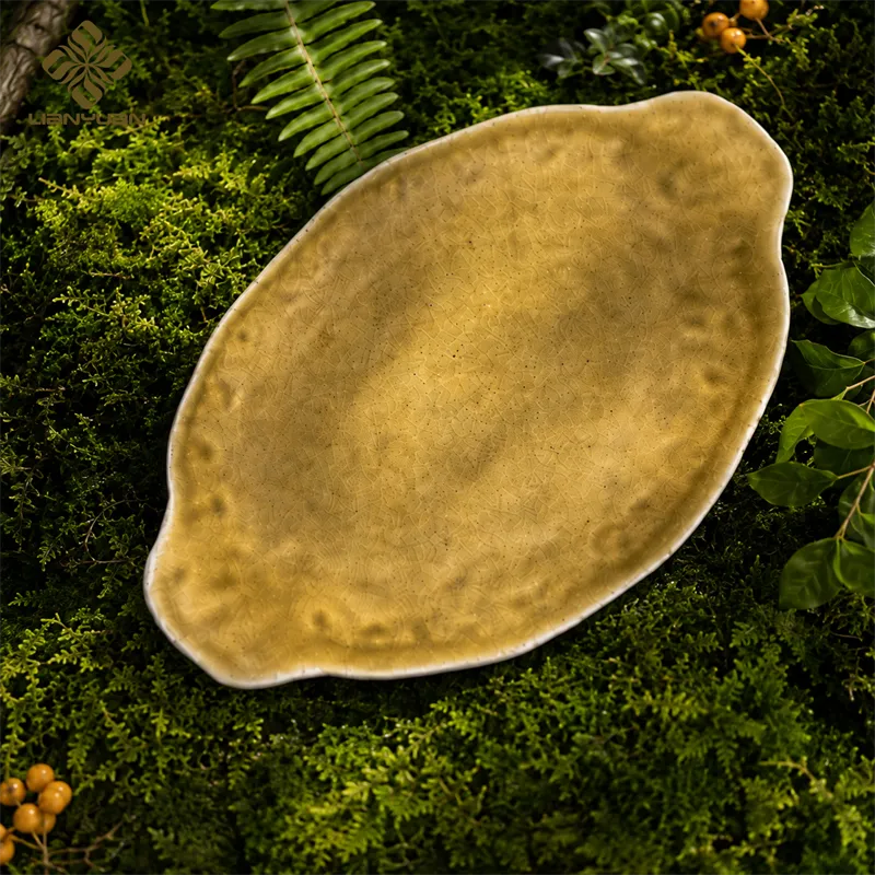Custom Dinnerware Plate Sets, Matte Ceramic Plates Round & Oval with Green and Yellow in Bulk - Image 4